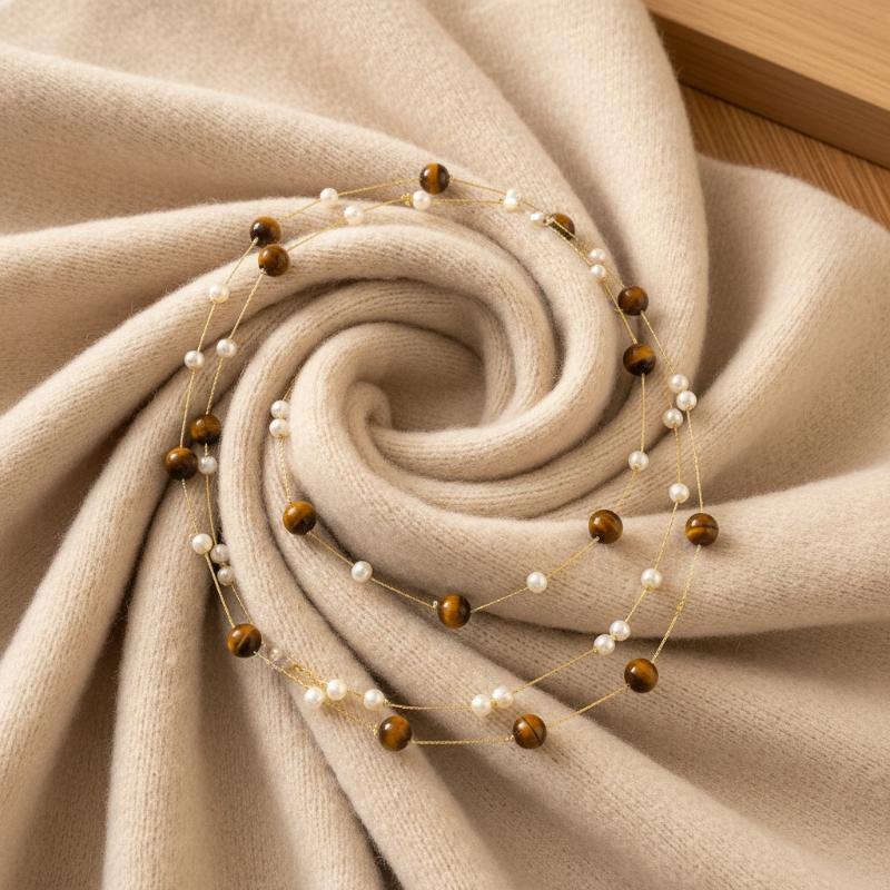 1Pcs Retro Stackable Glass Bead Sweater Neck Chain Multi-layer Tiger's Eye Stone Necklaces For Women Charms Jewelry Gifts