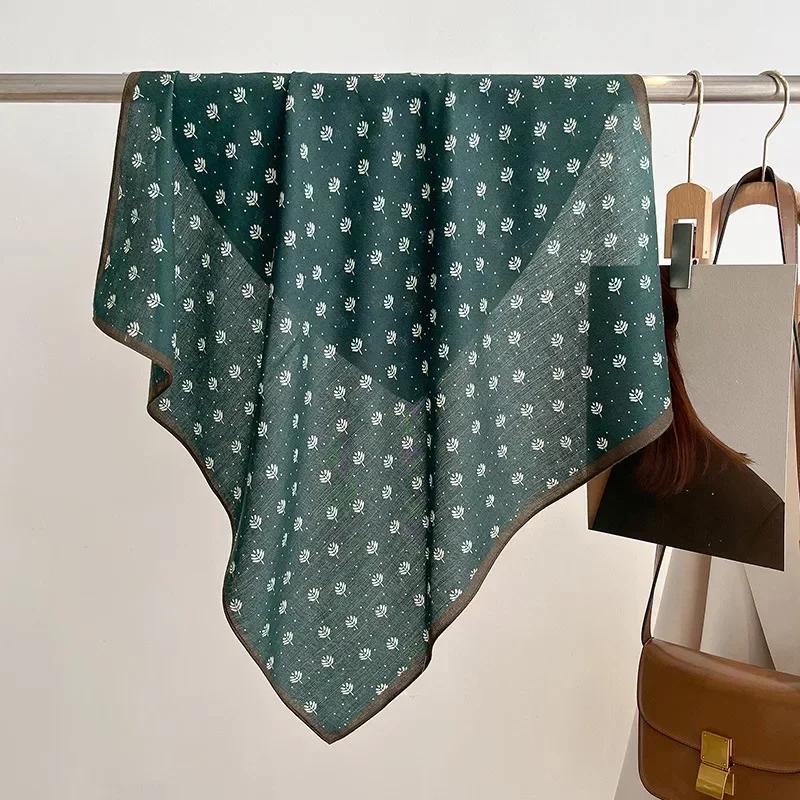 Retro Cotton Floral Print 70cm Velvet Square Scarf for Women Soft Neckerchief Lady Hijab Small Neck Ties Female Hair Headbands