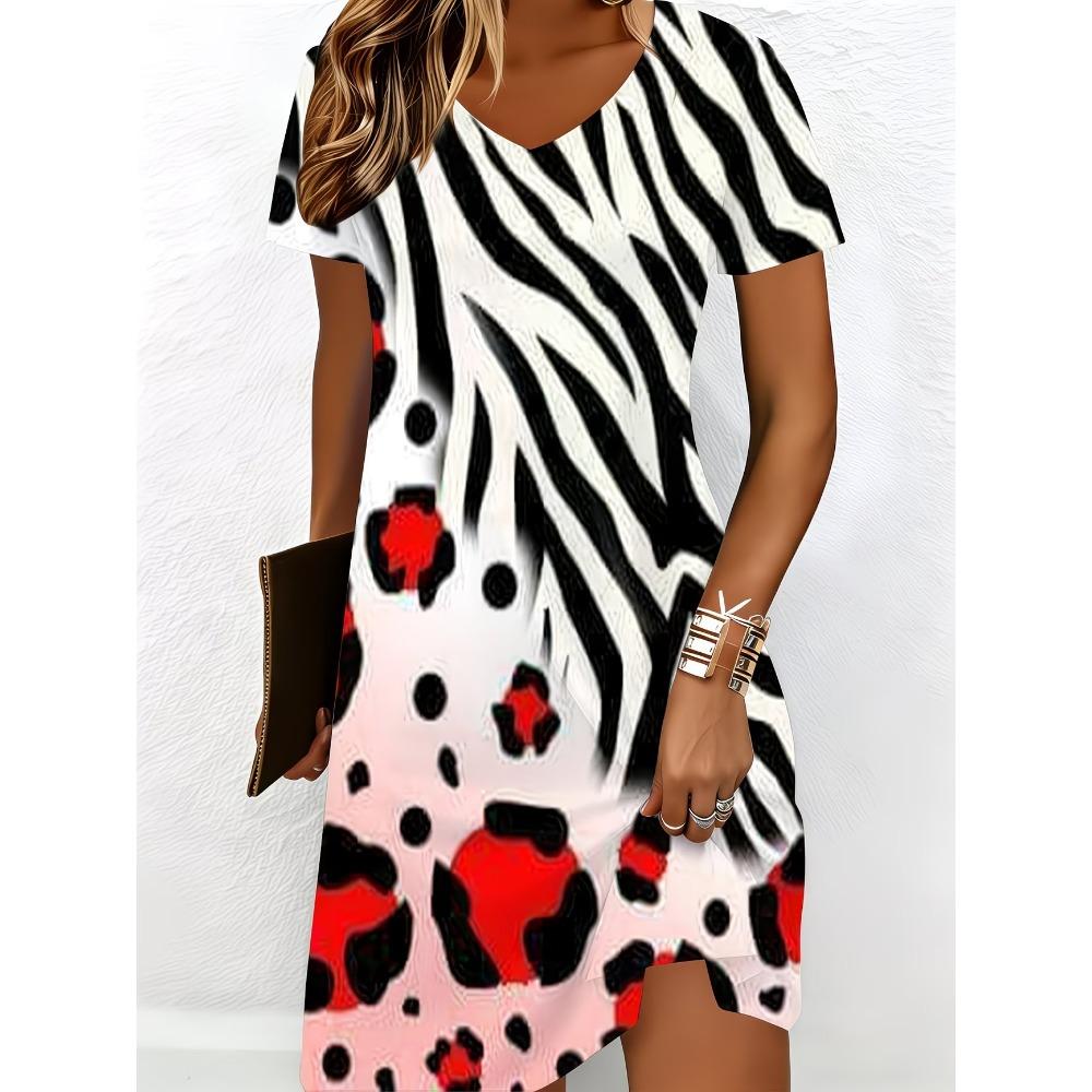 Women's V-neck Short Sleeved Casual Printed Dress 3D Colorful Printed Mini Beach Party Dress