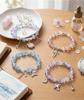 4 Pack Beaded Bracelets for Girls, Crackle Glass Beads with Charms, Stretch Bracelet Set