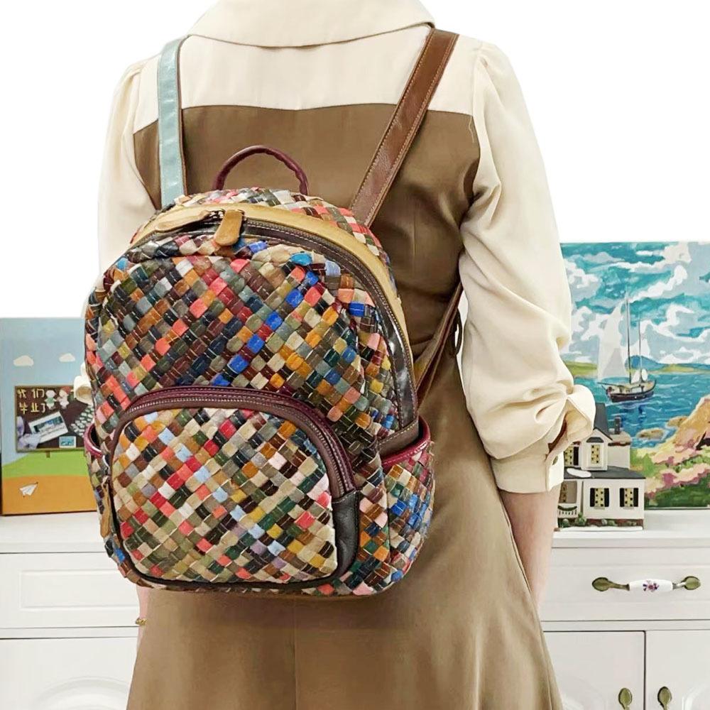 Modne Torby Damskie, Plecaki Skórzane, Łączona Kolorowa Skóra Bydlęca, Ręcznie Plecione Plecaki, Torby Damskie