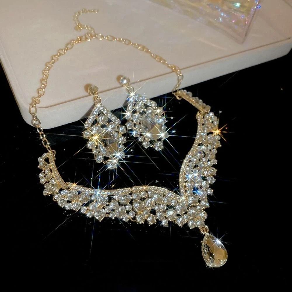 Baroque Style Bridal Jewelry Set Rhinestone Pearl Necklace Water Drop Necklace Earring Set  Girls