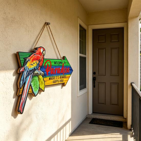 Willkommen im Paradies Schild Hawaiianischer Papagei Holzschild Hängend Sommer Hibiskus Tropisches Schild für Strand Poolparty Haustür Veranda Eingangsbereich Wanddekor