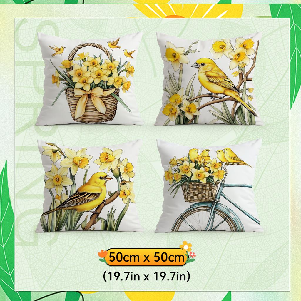 Yellow Daffodil Bird Pillowcase Printed Polyester 40/45/50Cm Throw Pillowcover Decorative Sofa Cushion Pillowslip Home Decor