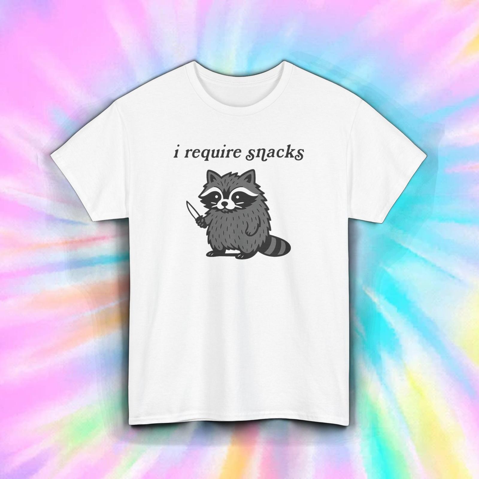 I Require Snacks Shirt Funny Cute Raccoon Knife Meme Sarcastic Humor Tee S-5XL XXL
