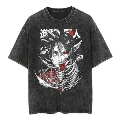 Attack On Titan Men's and Women's Washed T-Shirt Eren Yeager Summer Spring Anime Cotton Tee Retro Distressed Y2k Short Sleeve