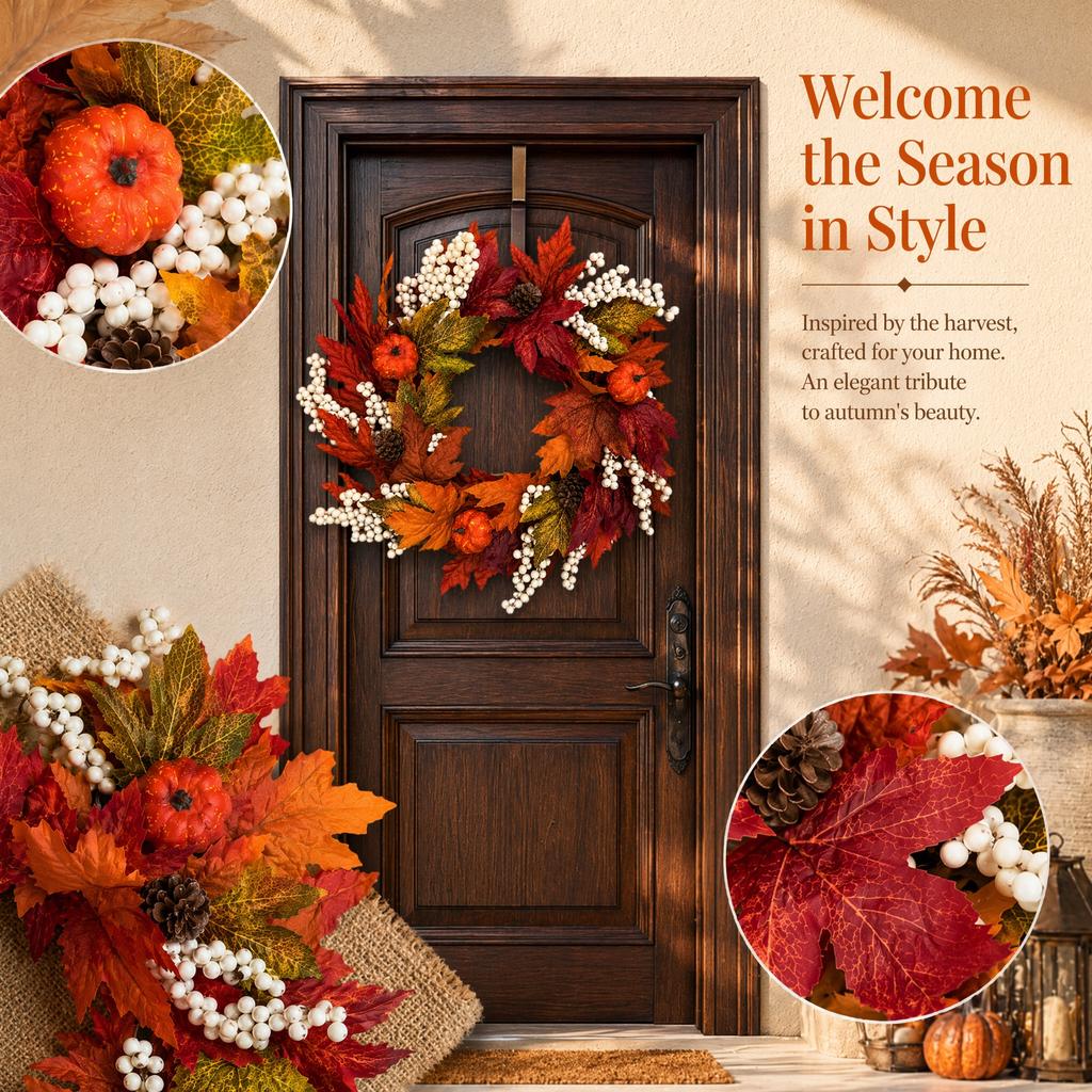 Couronne d'automne en feuilles d'érable de 60 cm pour porte d'entrée avec baies artificielles, citrouilles et pommes de pin pour décoration saisonnière de la maison