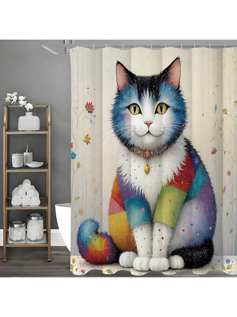 Cute Cat Floral Shower Curtain, Bathroom Decorative Shower Curtain, Waterproof Shower Curtain with Hooks W90xH180cm