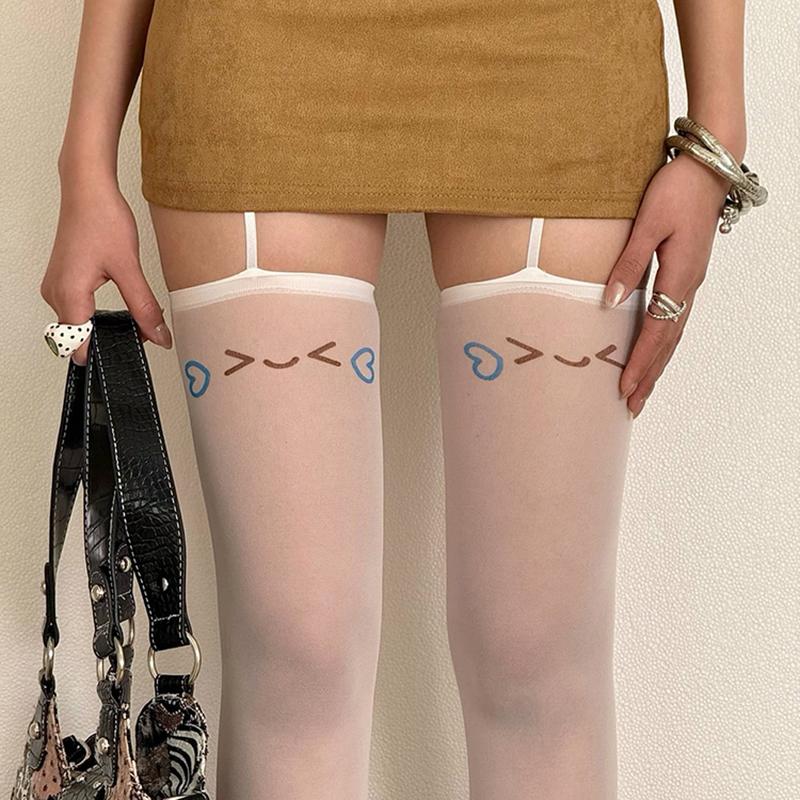 Y2K Smiling Printed Stocking Women Tights Thin Jk Uniform Over The Knee Socks Lolita Sexy Thigh-high Socks Suspender Pantyhose