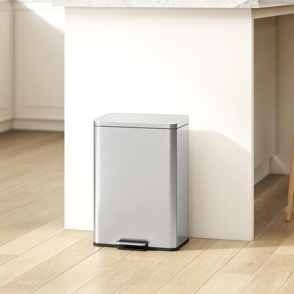 Kitchen Bin, 20 L Stainless Steel, Foot Pedal, Soft-Close Lid, Silver