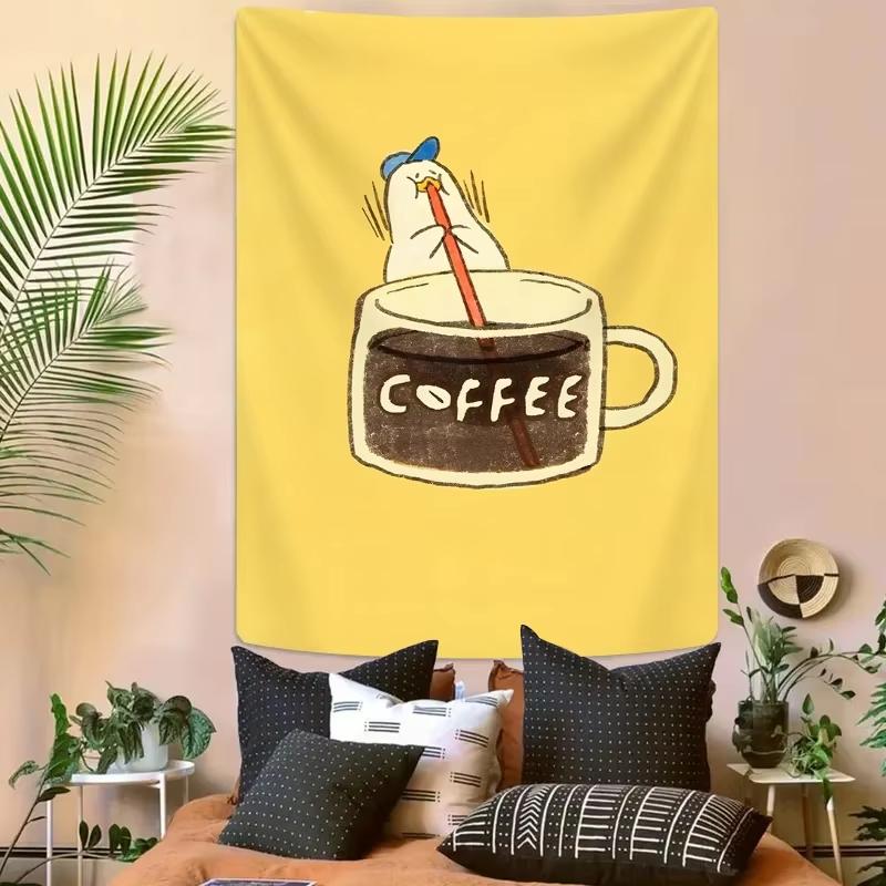 Cute Yellow Duck Coffee Tapestry, Drinking Coffee Aesthetic Poster For Dorm Bedroom Living Room Coffee Fan Decor Gift