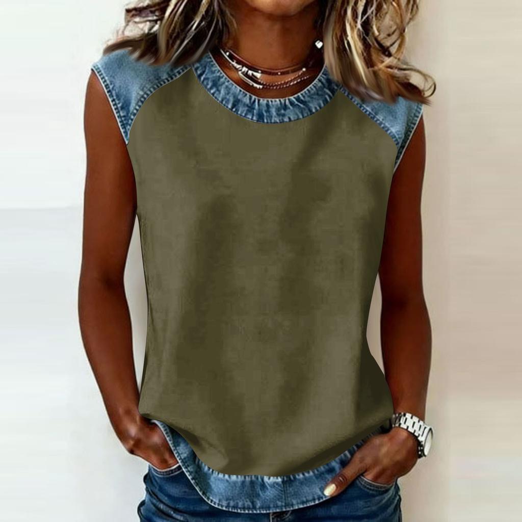 Sleeveless Crew Neck Top with Denim Trim Relaxed Fit Casual Shirt for Women Comfortable Design