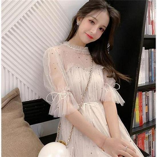 2026 Spring/Summer Star Sequin Fairy Dress with Mesh Bell Sleeves and High Waist Lace-up Design