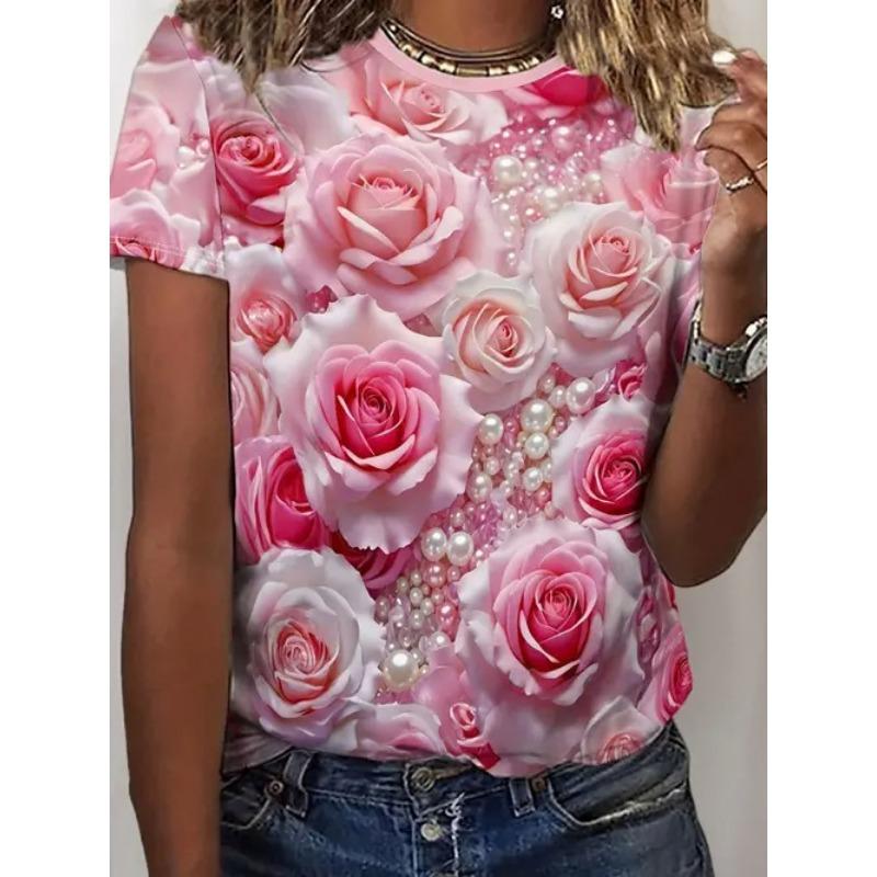 Summer Casual Style Round Neck Pullover Short Sleeved Top with 3D Floral Pattern Printed Women's T-shirts