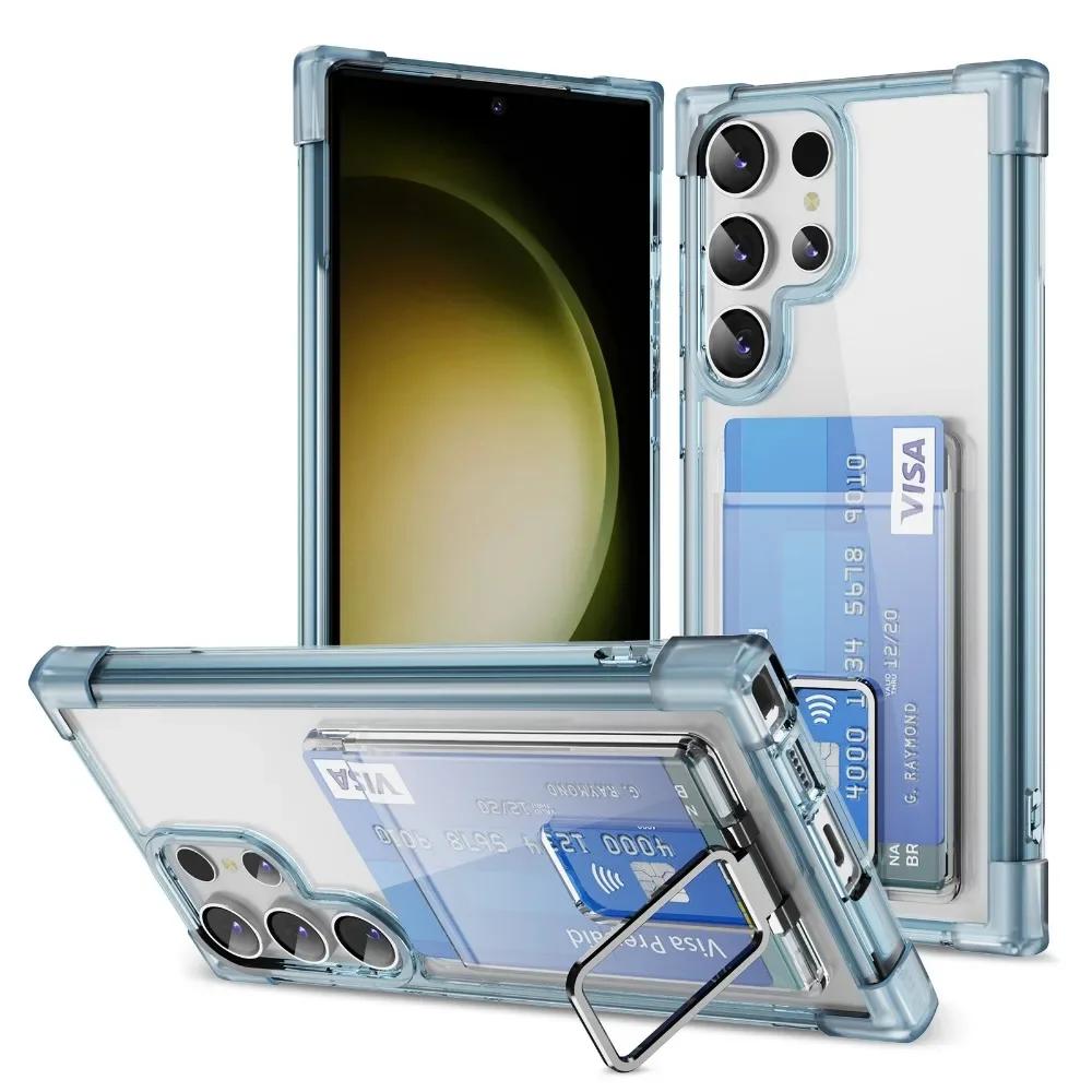 Shockproof Acrylic Card Holder Clear Phone Case for Samsung  S24 Ultra S23 Plus S22 S21Ultra Note 20 Metal Kicstand Bumper Cover