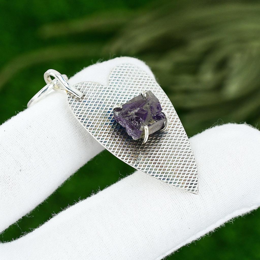 Friendship Day Deal Sterling Silver Amethyst Rough Gemstone Boho Pendant Jewelry