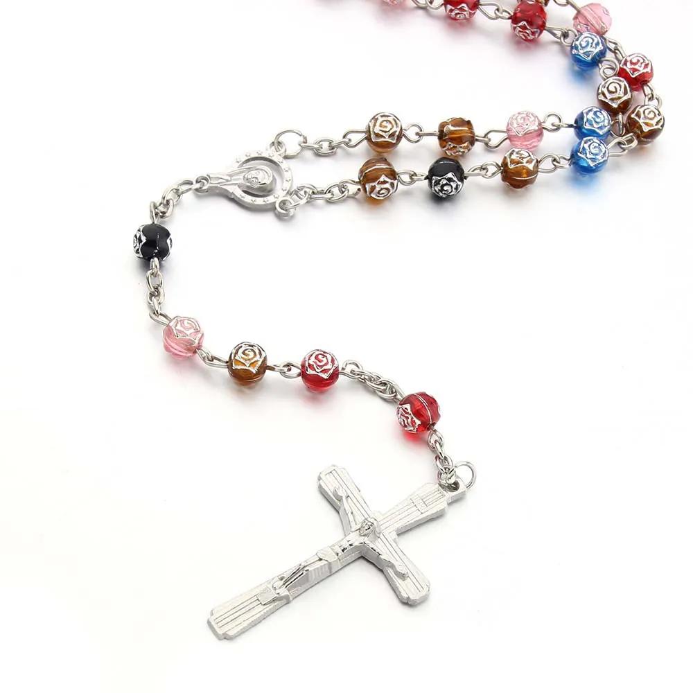 6MM Acrylic Rosary Necklaces For Women Men Rose Beads Long Chain Crucifix Cross Pendant Religious Praye Jewelry