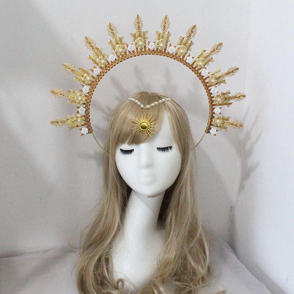 Gothic Lolita KC Halo Crown Headband Gold Leaves Flowers Headpiece Women Sun Goddess Queen Anna Baroque Angel Tiara Accessories