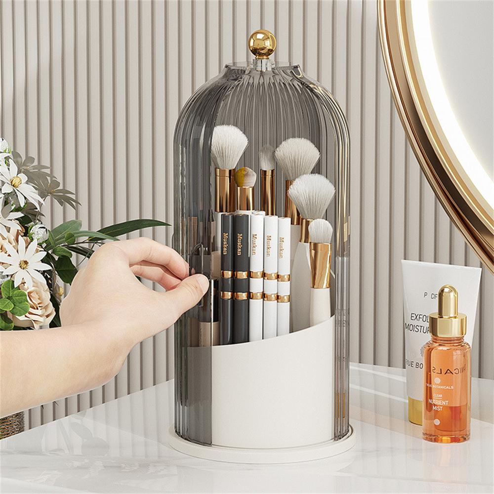 360° Rotating Makeup Brush Organiser Desktop Lipstick Storage Box with Lid Dustproof Birdcage Shape Case Eyebrow Pencil Holder
