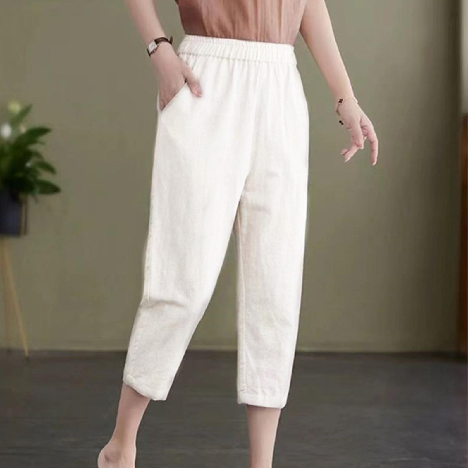 

Женские модные повседневные свободные однотонные тонкие хлопковые льняные брюки с высокой талией 7/10 XL белый