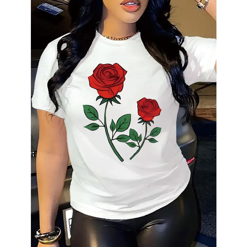 Womens Rose Print Round Neck T Shirt Spring Summer Casual Short Sleeve Top