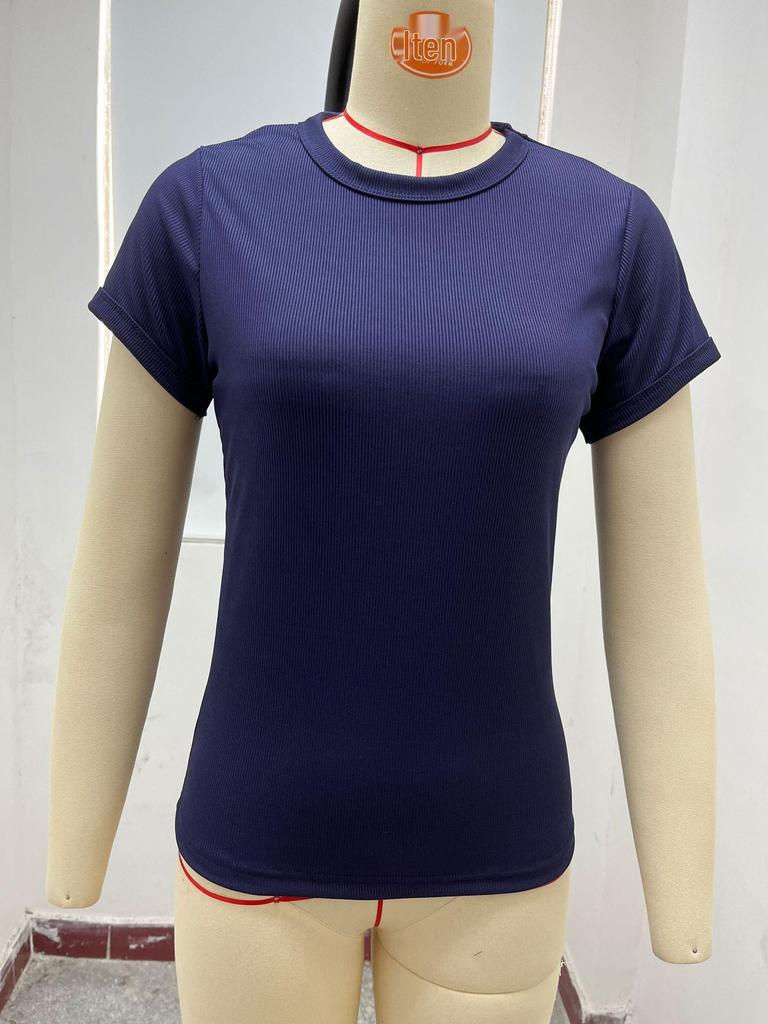 2024 Women's European American Ribbed Slim Fit Sports Top, Solid Color Short Sleeve T-shirt