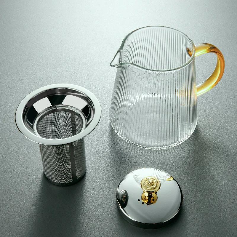 GIANXl Vertical Grain Teapot Transparent High Borosilicate Glass Tea Pot Set Heat Resistant Flower Tea Puer Tea Cold Kettle