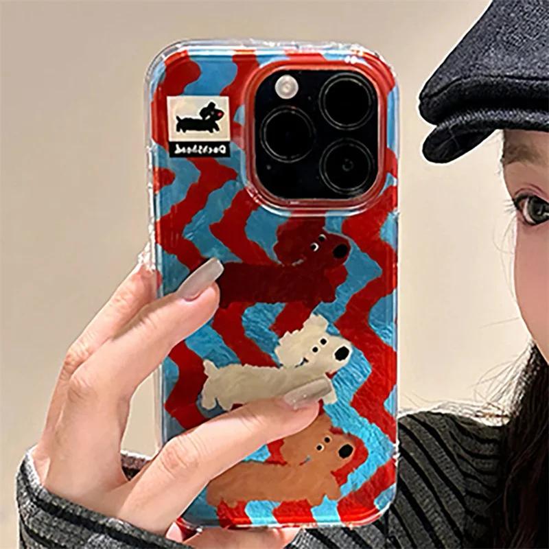 

Корейский милый чехол для телефона с градиентными полосками и рисунком вихря щенка для iPhone 16 15 14 13 11 12 Pro Max Plus, милая обложка For iPhone 13 Pro