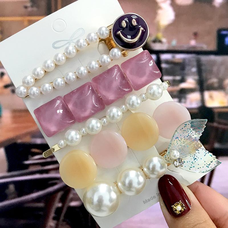 5Pcs/Set Fashion Smiley Pearl Hair Clip For Women Girl Geometric Acetate Barrettes Hairpin Headwear Hair Accessories  Trendy