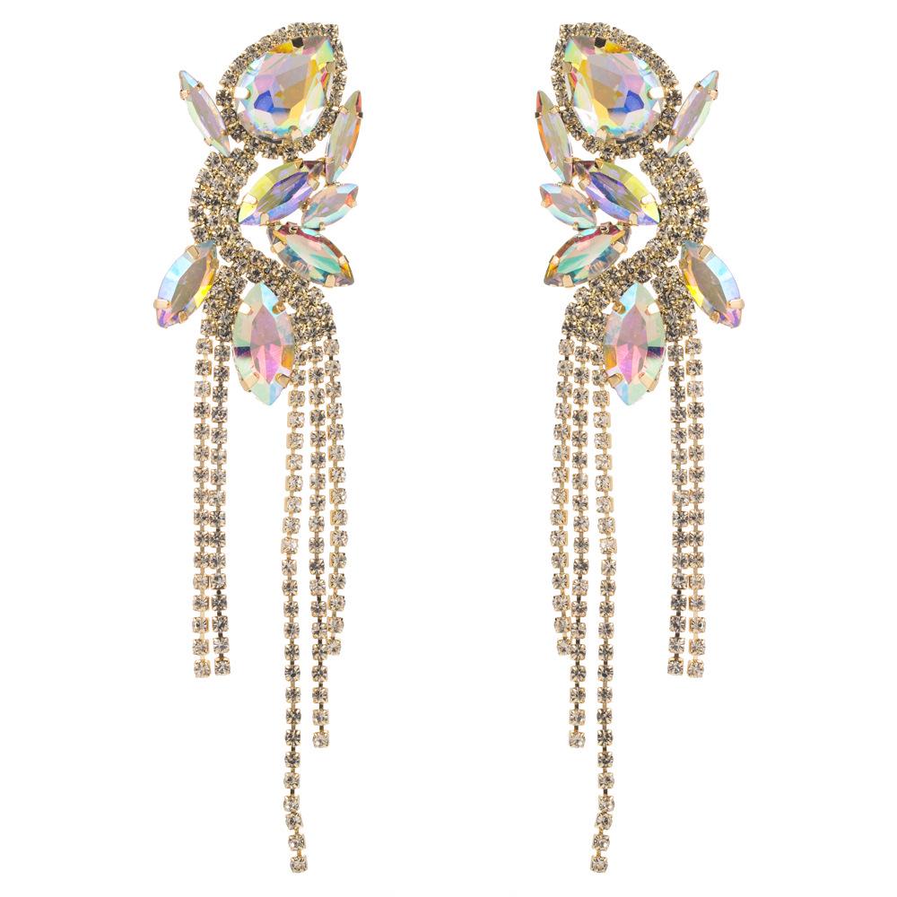 

Exquisite Floral Tassel Earrings with Colorful Diamonds and Claw Chain Design