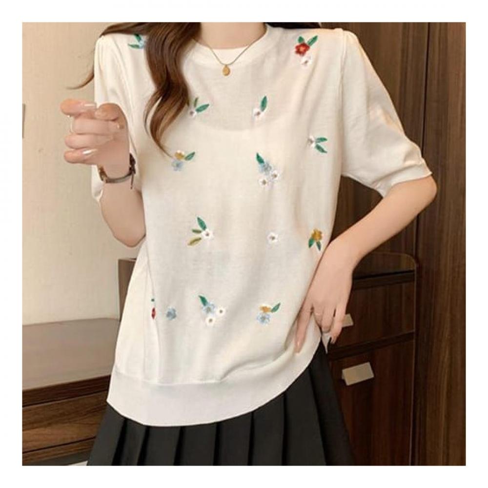 Navava Short Sleeve Knit Flower Embroidery Round Neck Nk2211