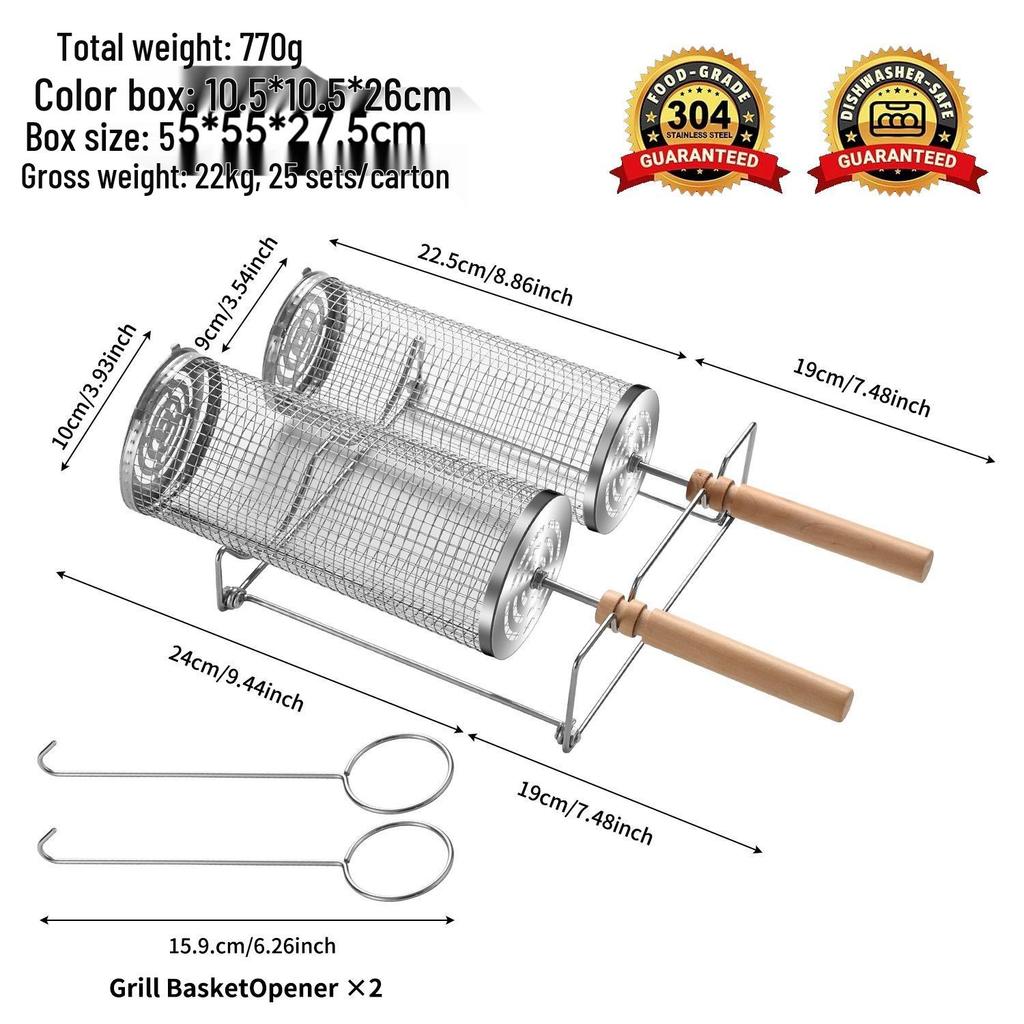 Stainless Steel Portable BBQ Rolling Grill Cage, Cylinder Smoker Net 304