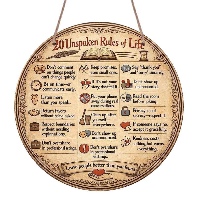 2D Flat, 1pc Round Aluminum Hanging Sign, Vintage Plaque about "20 Unwritten Rules of Life", Inspirational Quotes Wisdom Sayings Life Principles