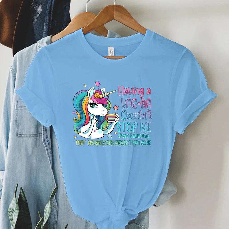 Rainbow Unicorn T Shirt Funny Cartoon Tops Summer Women Streetwear Y2K Aesthetic T Shirts Grunge Harajuku Tee Shirt Female