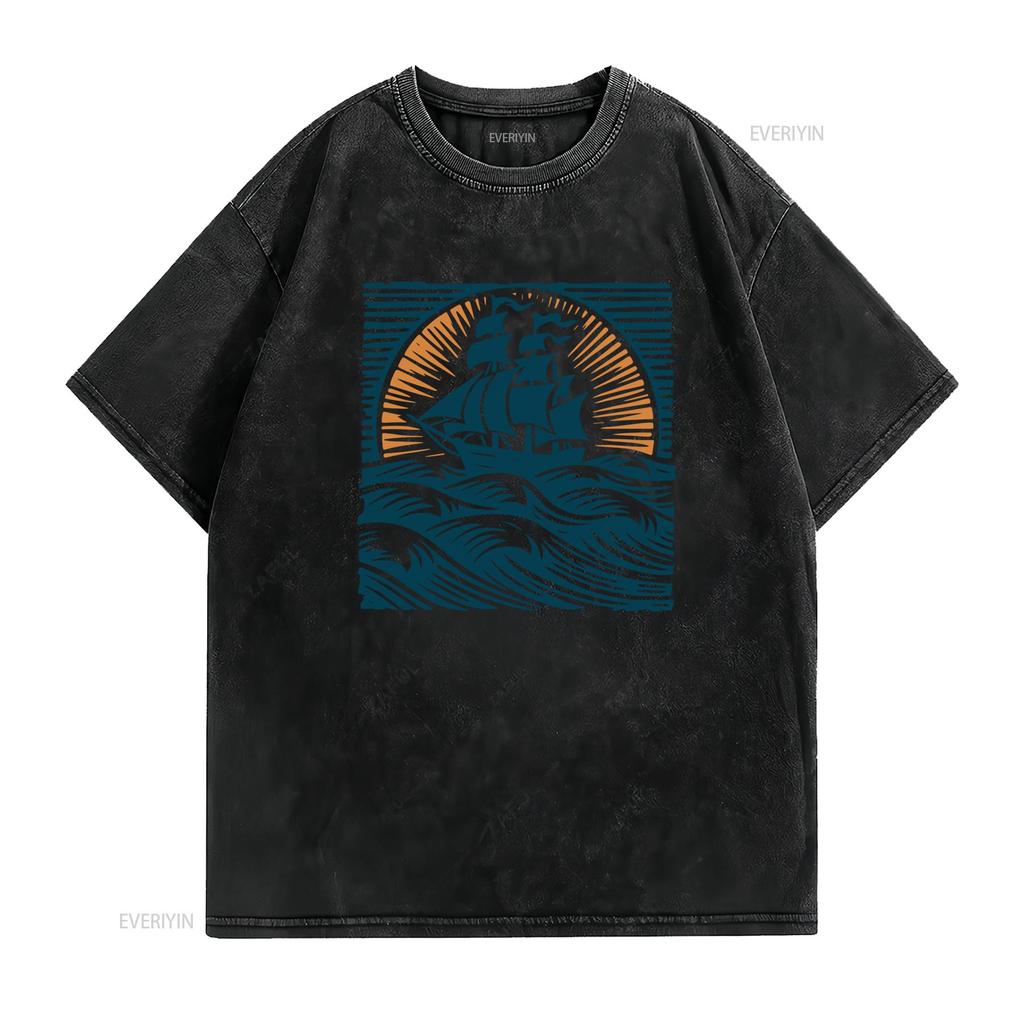 Vintage Nautical Sailing Ship Sunset Ocean Wave Print Casual T Shirt Vintage Washed Designer Clothes Stretched Unisex