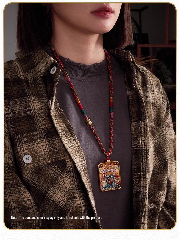 Tibetan Handmade Woven Rope Necklace with Five-Color Amulet and Thangka Pendant