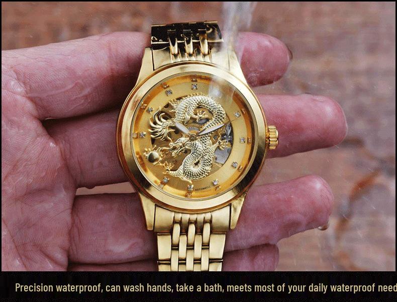 Modun Men's Gold Dragon Pattern Automatic Skeleton Watch with Genuine Leather Strap and Waterproof Multifunctionality