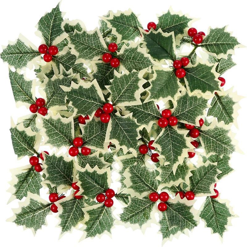 20/5Pcs Artificial Holly Berries With Green Leaves DIY Christmas Wreath Wedding Flower Gifts Xmas New Year Festival Decorations