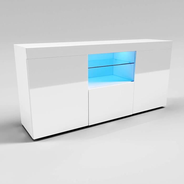 Meuble TV LED - DRIPEX - Surface Brillante - Blanc - Moderne - Avec Rangement
