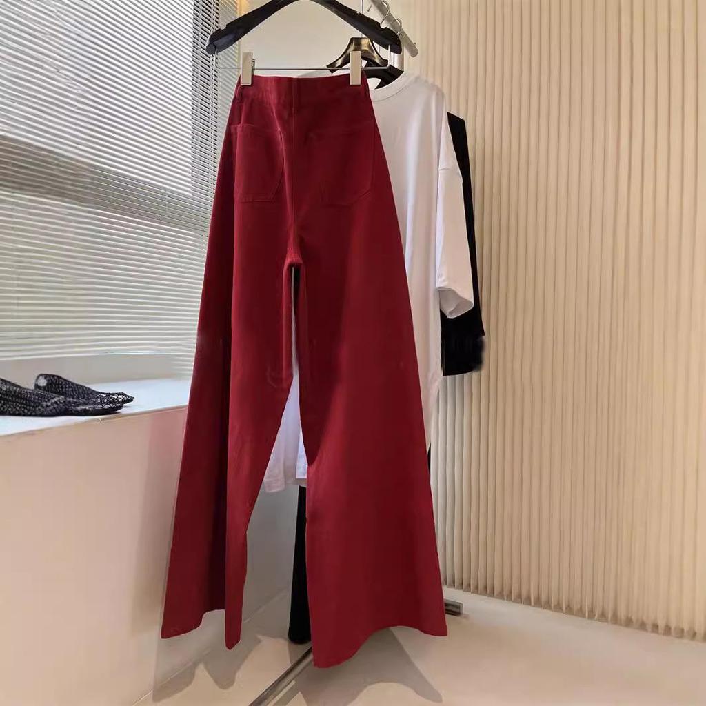 Chic Red Angora Ribbed Wide-Leg Pants with Superior Fabric