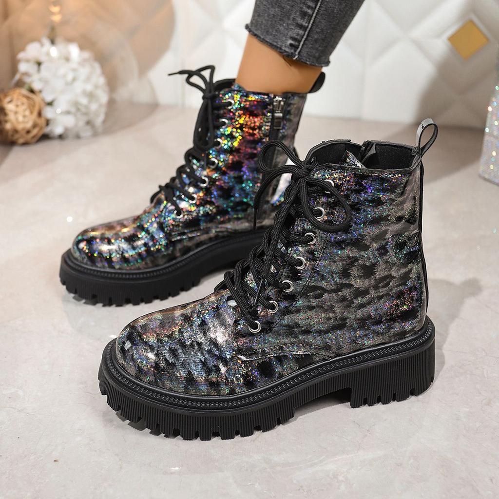 Thick-soled Martin Boots Women's Heightening Shoes Boots Women's 2025 Autumn and Winter New Sequined Lace-up Short Boots Medium Boots Children
