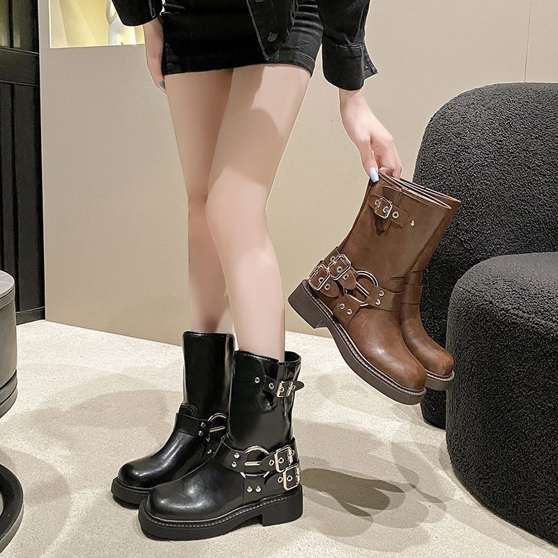 Vintage Boots Western Boots Knight Fashion Boots 2025 Summer But Knee Belt Buckle Thick Heel Brown Martin Boots
