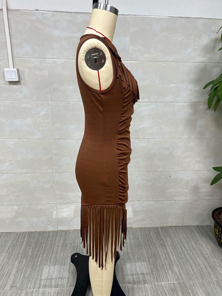 Retro Western Deep V Fringe Spaghetti Strap Slim Fit Dress