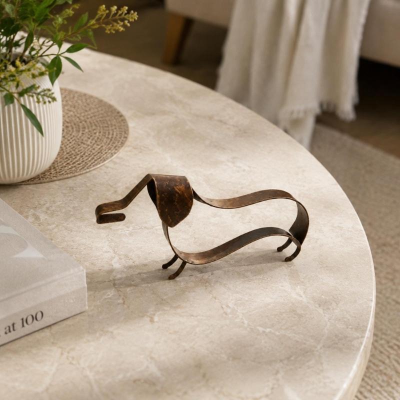 Open-Frame Wiener Dog Sculpture In Metal with a Mottled Aged-Look Finish for Indoor Cabinets, Shelves, and Desktops