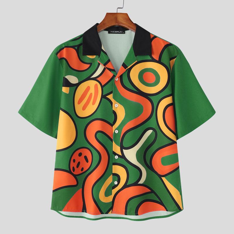 

INCERUN Summer Men Short Sleeves Colorful Print Casual Loose Holiday Shirts M зелёный