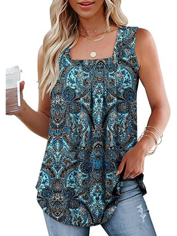New Hot Selling Summer Women s Sleeveless Square Neck Printed Vest T-shirt Extra Large