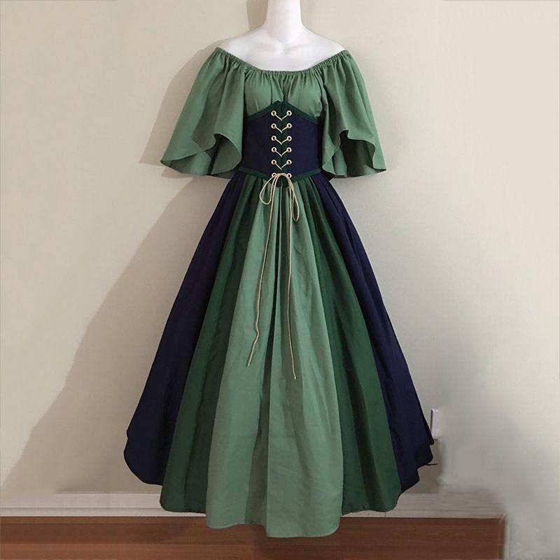 Medieval Retro Color Block Off-Shoulder Slim Fit Dress with Fly Sleeves and Big Swing Skirt - Women's Cosplay Costume