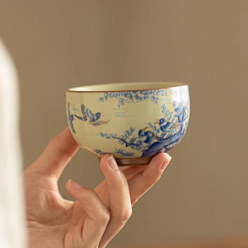 1 Pc Chinese Handmade Flowers and Birds Ceramic Tea Cup Ru Kiln Tea Bowl Household Master Teacup Travel Personal Tea Set 140ml