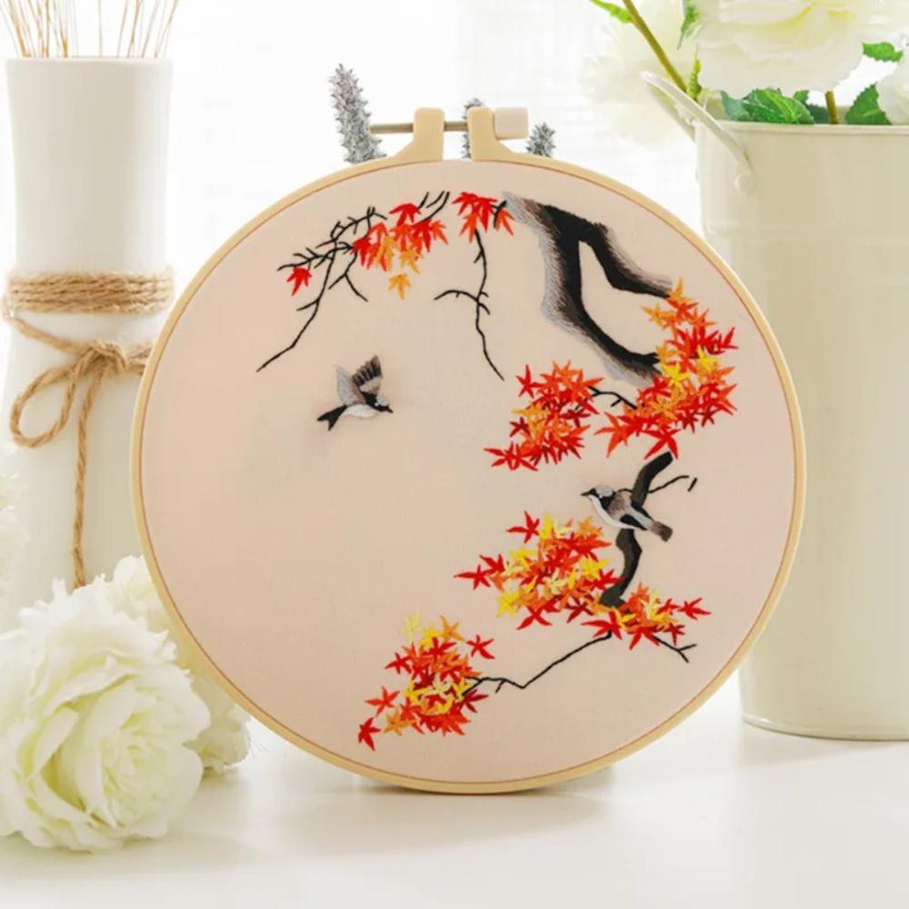 Chinesischer Stil Blumen Vögel Handbestickung Materialpaket Kreuzstich Druckstoff Rahmen Fäden Stickrahmen 20cm