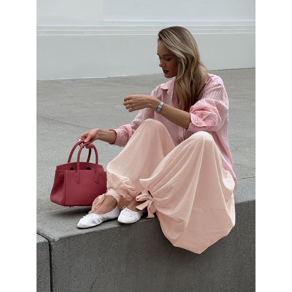 Women's Spring Summer High Waist Paper Bag Wide Leg Lantern Pants Tie Waist Loose Slimming Trousers